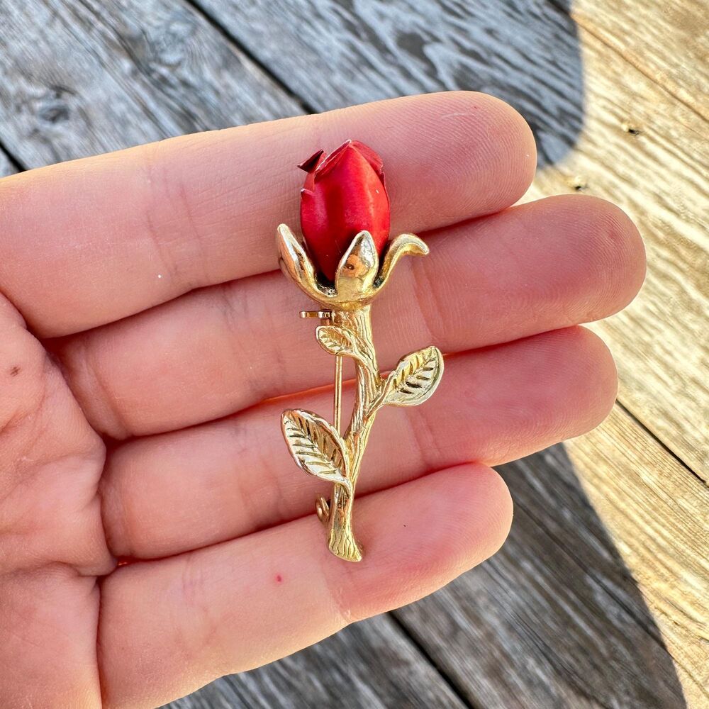 Vintage Jewelry Red Rose Brooch Pin